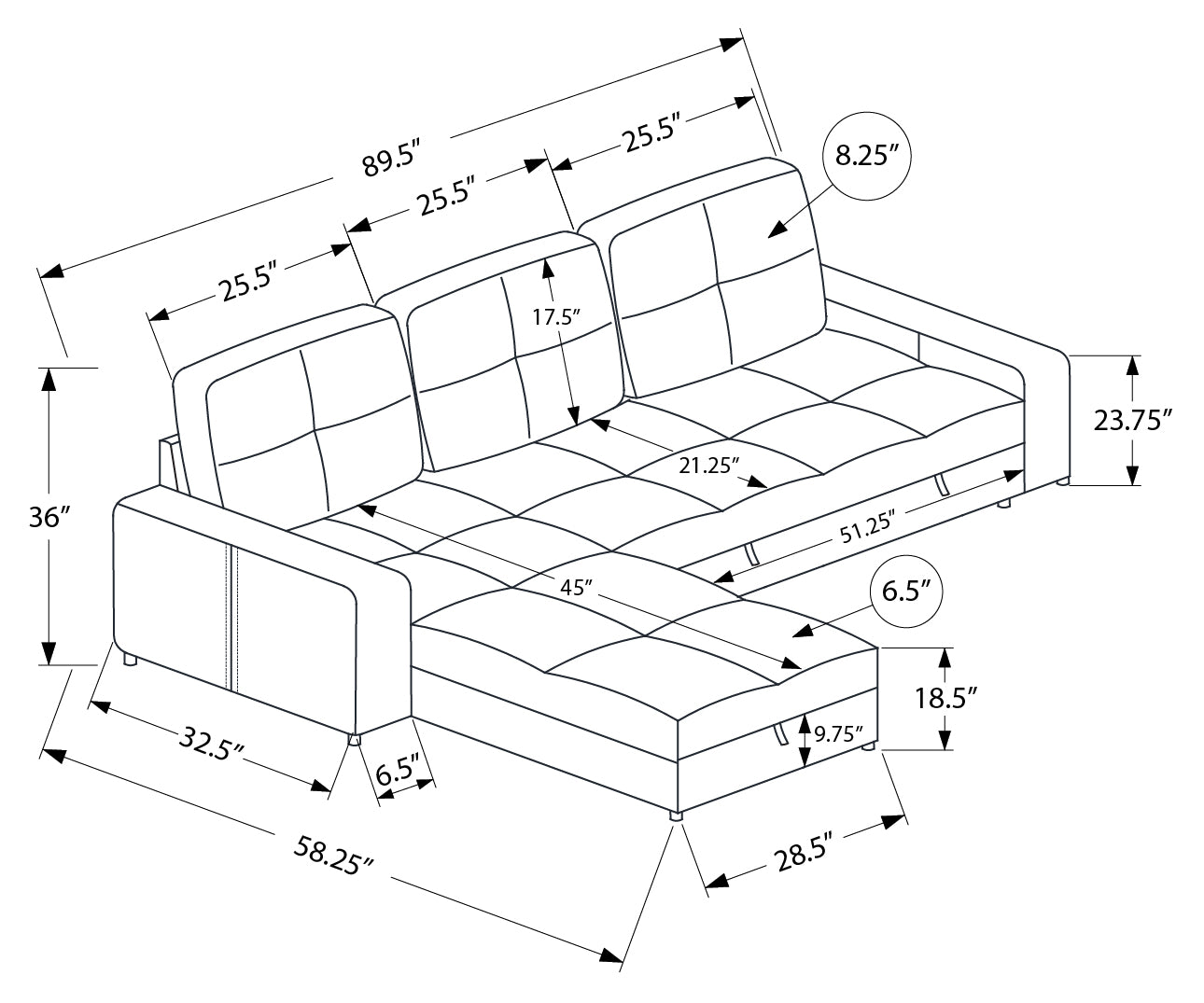 Sofa lit avec rangement de 90" de Monarch - LUMOS-08 - tissu gris (8A14L08)