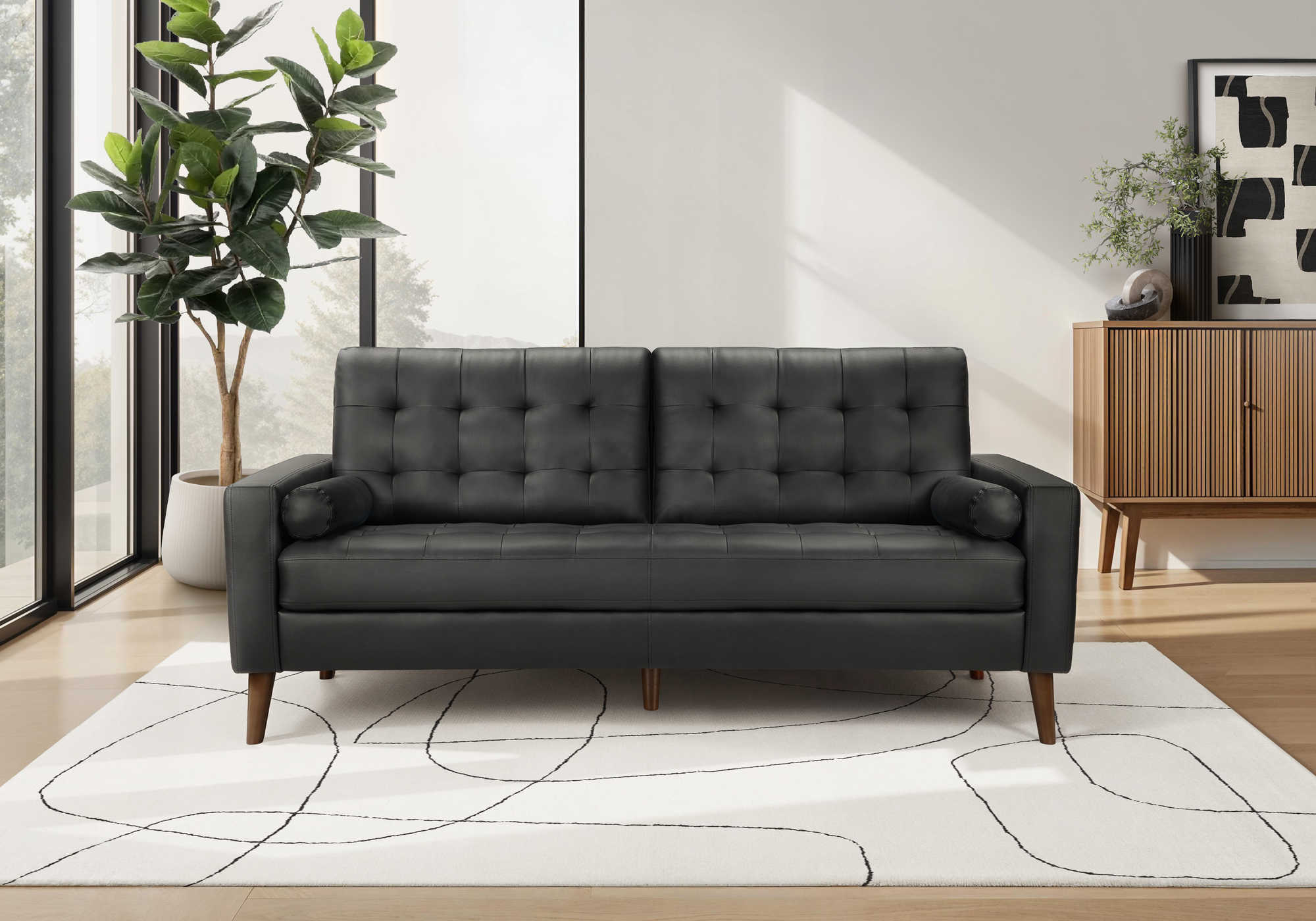 Sofa de 75" avec 2 coussins de Monarch  - Simili cuir noir (CK5A95)