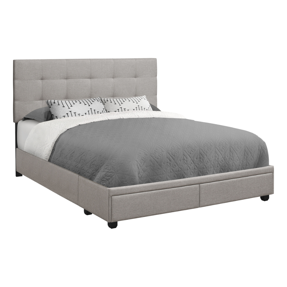 Base de lit Queen avec 2 tiroirs rangement tissus gris - Monarch (I6020Q)