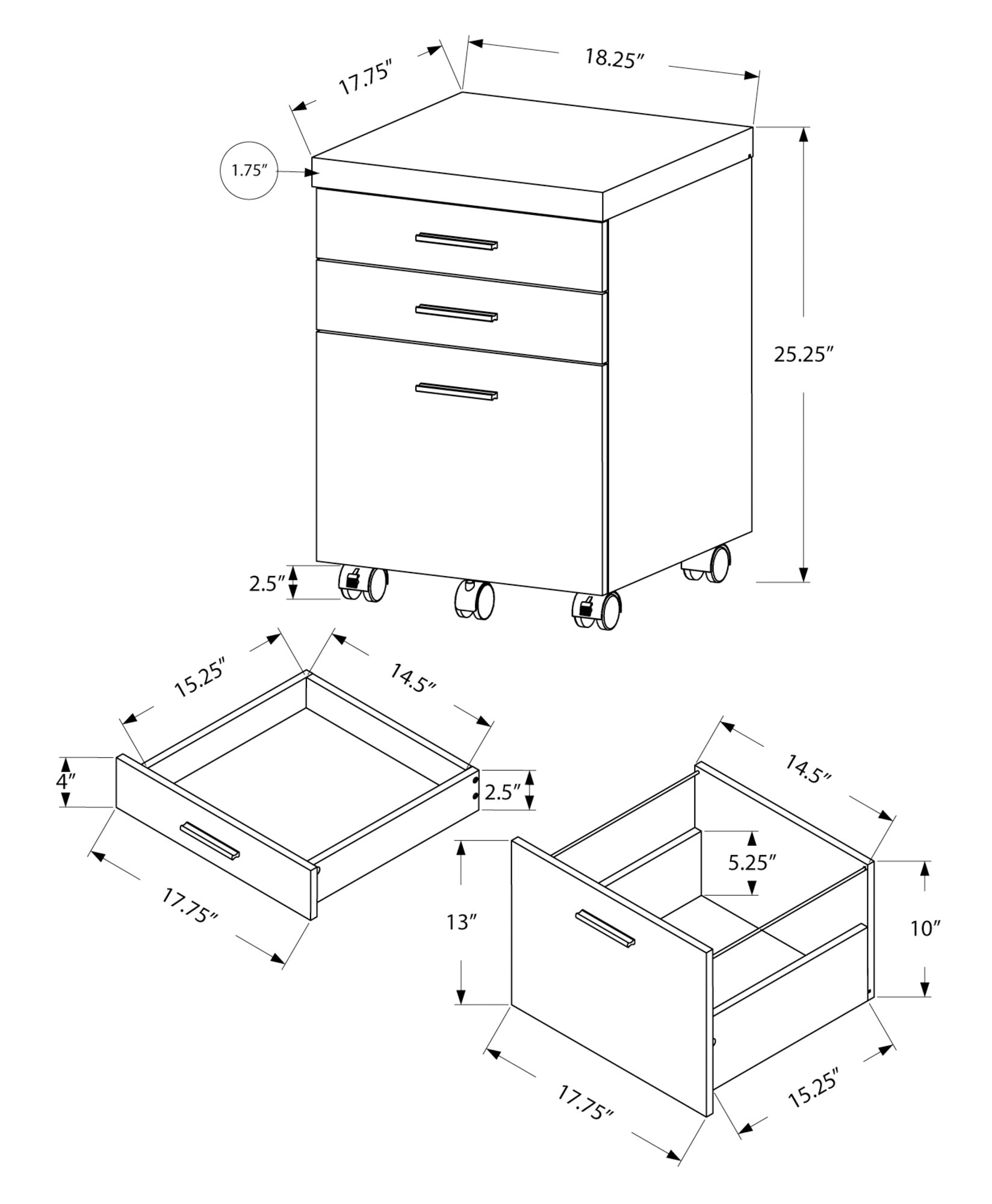 Dark Taupe 3-Drawer Filing Cabinet on Casters - Monarch (I7782)